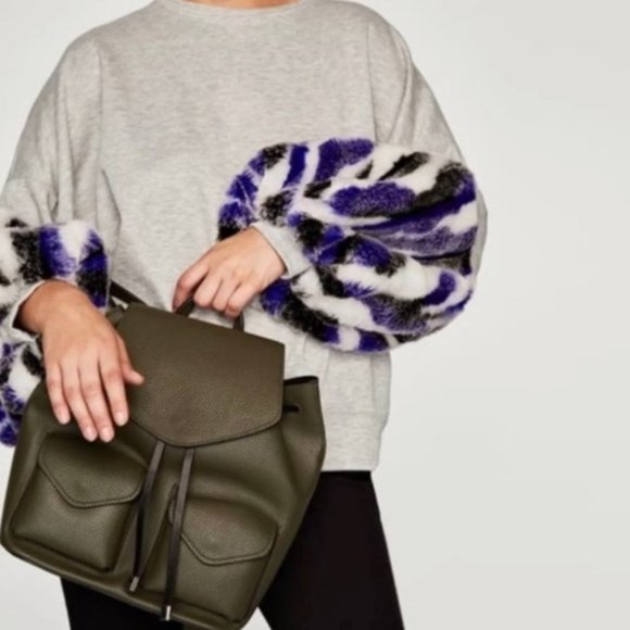 ZARA Khaki Faux Leather Backpack w/ Front Pockets - Picture 2 of 6